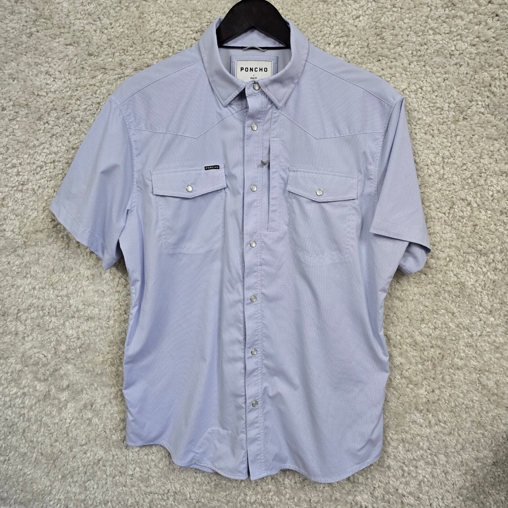 Poncho Western Fishing Shirt Mens Large Slim Blue Pearl Snap Vented Performance